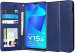 Unistuff Faux Leather Back Case Flip Cover for Vivo Y15s with ID Card Slot | Foldable Kickstand | 2 Card Slot | 1 Cash Slot - Executive Blue, 57513