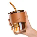 KATHIYAWADI Glass Tumbler with Lid, Straw and Protective Anti-Slip Leather Sleeve for Hot and Cold Beverages Tea Coffee Travel Mug Smoothies Fruit Juice (435ml, 1 Piece)
