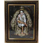 pujaNpujari God Photo Frames Lord Shirdi Sai Saibaba Sitting on Throne Gold Coated Fiber Photo Framefor Wall Hanging Puja Mandir Medium ( L * H : 11.5 * 13.5 Inches) Religious Frame