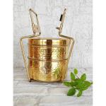 Indian Art Villa Pure Brass With Inside Tin Lining 2 Containers Lunch/Tiffin Box With Hammered Design, For Office, School & Travelling, Size-8x5 Inches