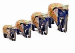 Notch Creations Handicraft Wooden Hand Painted Down Trunk Elephant Family Set I Emboss Painting Decorative Showpiece - 15.4 cm (Wood, Blue)
