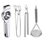 JISUN Stainless Steel Lemon Squeezer & Pakkad & Chimta & Potato Masher for Kitchen Tool Set