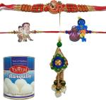 Yuvraj rakhi combo bhaiya bhabhi lumbi rakhi set 2 kids or 1 Kg rasgulla sweets pack , Roli chawal pack