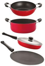Nirlon 4 pcs of Red, Black Non-stick Kitchen Cookware Essential Set with Bakelite Handle Standard