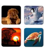 Whats Your Kick Animals Cute Dogs Penguins Zebras And Turtles Printed Set of 4 Coaster With Metal Stand