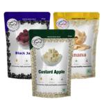 FZYEZY Freeze Dried Black Jamun, Banana & Custard Apple for Kids and Adults| Camping Vegan Healthy & Survival Food| Travel friendly Black Jamun, Banana & Custard Apple Snacks |Pantry Groceries dehydrated Snacks | Pack of 3 - 150 gm each