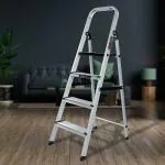 Plantex Big Foot - Widest Steps - Fully Aluminium Folding 4 Step Ladder for Home - 4 Wide Step Ladder (Black and Silver)