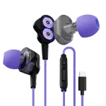 Kreo Hydra C Type Dual Dynamic Driver In-Ear Wired Gaming Earphones with Microphone, Tangle-free Gaming Earphones with Noise Isolating Technology and EZ Volume Control Slider, Wired Headset for Gaming (Black & Purple)