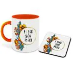 Whats Your Kick I Love You Mom in Hindi Language Flower Design Printed Orange Ceramic Coffee Mug with Coaster and Tea Mug 325ml