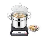 Prabha Induction Base Stainless Steel 2 Tier Steamer/Momo/Modak Maker with Glass Lid