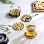 DULI Set of 6 Square Wooden Honey Comb Coaster with Stand 4x4 Inches