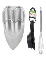 Wofier Aluminium Heart Shape Cake Mould With Stainless Steel Egg Whisk And 8 Pieces Black Measuring Cups Spoon Set - Pack Of 8