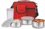 Milton Steel Combi Lunch Box, with Jacket, Set of 4, 3 Containers, 280 ml each, and 1 Tumbler, 400 ml, Red | Food Grade | Light Weight | Dishwasher Safe | Easy to Carry | Leak Proof