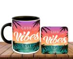 Whats Your Kick Good Vibes only Beach Wallpaper Design Printed Black Ceramic Coffee with Desky and Tea Mug 325 ml