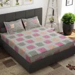 Story@Home Squares Pattern 152 TC Cotton Ventura 1 Double Bedsheet with 2 Pillow Covers - Beige & Mud Brown