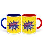 Whats Your Kick Set of 2 Super Bhai and Super Bhabhi Printed Dark Blue and Red Ceramic Coffee Mug and Tea Mug 325ml