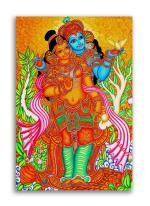 Tamatina Multicolor Kerala Mural Art Radha Krishna Unframed Art Canvas Painting - 13X9 Inch