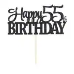 Festiko Happy 55th Birthday Cake Topper, Glitter Card In Black For Cake Decoration, Birthday, Anniversary, Engagement, Graduation