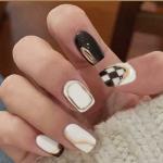 Secret Lives Acrylic Press on Artificial Designer Fake Nails Extension White and Black Color Check and Golden Design 24 pcs Set with Kit