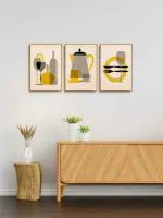 999Store Beige Canvas Golden Frame Mustard Kitchen Décor Painting Set of 3(Bo3Frames063)