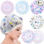 J3G Shower Cap Set of 6 for Women, Reusable Waterproof Elastic Eva Free-Size Bathroom Shower Caps - For Homes, Spas, Salons, Hair Treatment, Beauty Parlors