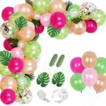 Party Propz Pink Rubber Balloons Garland Arch With Artificial Tropical Palm Leaves Kit (Set Of 52)