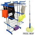 SUNDEX Steel Floor Cloth Dryer Stand 2 Poll 3Tier Made In India With Free Microfiber Mop
