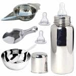 PGD Plain Silver Stainless Steel Baby Feeding Bottle with Feeder, Bowl, Idly Spoon, Spoon with 2 Silicon Nipple (0-24 months) - 250 ml