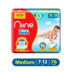 Niine Baby Diaper Pants Medium(M) Size (7-12 KG) (Pack of 1) 76 Pants for Overnight Protection with Rash Control