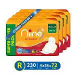 Niine Dry Comfort Regular Sanitary Napkins for women, (Pack of 4) 72 Pads