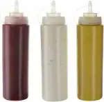 Kienlix 3Pc Plastic Squeeze Squirt Condiment Bottles with Twist On Cap Lids - top dispensers for Ketchup Mustard Mayo hot
