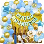 Zskoo Gold and Sky Blue Rubber Birthday Decoration Kit with Birthday Banner, Star Foil, Balloon Pump, Foil Curtains, Metallic and Confetti Balloon, Glue Dot Roll, Arch (63 pc.)