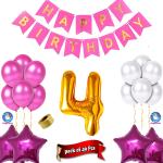 Bubble bells 4th fourth theme happy birthday wall decorations items kit combo pack set for kids girls|happy birthday pink banner|pink star foil balloons|metallic balloons|number 4 foil balloon gold