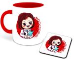 Whats Your Kick Doctor Theme Doctor With Cartoon Design Printed Red Ceramic Coffee and Tea Mug 325 ML With Coaster