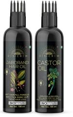 Desi Crew 100 Percent Pure Jaborandi and Castor Oil with Comb Applicator Cold Pressed for Skin, Body and Hair Care 100 ml Each