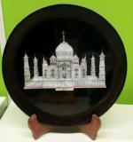 Pooja Creation Store Black Marble Plate with Taj mahal Inlay work 6 inch for wall decor Decorative Showpiece - 8 cm (Stone, White)