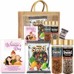 Swad Happy Womens Day Gift Hamper Set (Mixed Toffee & Rosted Saunf & Jeera Goli Pachak Mukhwas Mouthfreshener, 25 Candy & 2 bottle) with Greeting Card & Jute Bag,Gift Item
