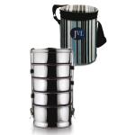 JVL Silver Stainless Steel Medium Size Round Penta 5 Layer Leakproof Tiffin Box With Inner Plate