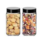 FeeloPie Cube Glass Jars for Kitchen Pantry, Snacks, Masala, Honey, Pickles, Cookies, Dry Fruits, Coffee Beans Storage with Black Color Plastic Lid (1000ml, Set Of 2)