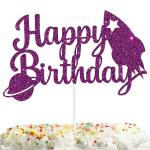 Festiko Happy Birthday Cake Topper Rocket Planet Purple Glitter Astronaut Moon Landing Theme Decorations Boys Girls Birthday Party Decor Supplies