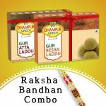 Dhampur Green Rakhi Gift Combo| Gur Atta Laddu & Gur Besan Laddu + 1 Rakhi | Indian Sweets Festival