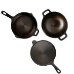 The Indus Valley Super Smooth Cast Iron Cookware Set | Tawa (26.2 Cm) + Kadai (26.1 Cm) + Fry Pan (24.8 Cm) | Pack Of 3 | Pre-Seasoned Cookware, 100% Pure & Toxin-Free, No Chemical Coating, Black