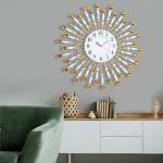 eCraftIndia White Dial Round Yellow Diamond Wall Clock