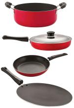 Nirlon 4 pcs of Red and Black Non-stick Aluminium Chemical Free Kitchenware Cooking Utensil Combo Set, Standard