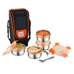 Priyaj Stainless Steel Lunch Box Set Milano Series 4 Containers (320ml each) & Spoon with Thermoware cover bag|Air Tight BPA Free Orange lids & Leakage proof Tiffin Box|Office School Travel Lunch Box