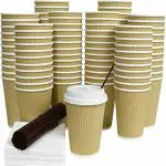 Biodis Ripple Paper Disposable Coffee Tea Cup with White Lid, 50 Pieces, Brown, 250 Ml