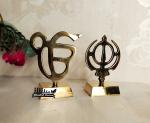 Blissful decor Sikh Religious Ek Onkar Khanda Sahib Symbol in Pure Brass Material | Golden Color | Suitable for Temple puja | Home Decor |car Dashboard | Office Table | showpiece Pack of -2