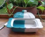 ClayKarma Stoneware Ceramic Teal & White Speckled Butter Dish with Lid| Capacity - 300ml|Microwave & Dishwasher Safe| Ceramic Butter Container for Countertop|7.3 x 5.5 x 2 INCH| Perfect for Gifting|