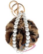 IACCESSORIES Fluffy Soft Faux Fur Pearl Pom Pom Keychain - Brown Leopard Key Ring Charm for Fashionable Bags, Cars, Scooters, Bikes, and Home Keys