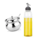 BLUE WONDER Stainless Steel Multipurpose Ghee Pot/Pickle Container with Spoon With Plastic Oil Dispenser Bottle and (Multicolour, Pack of 2)